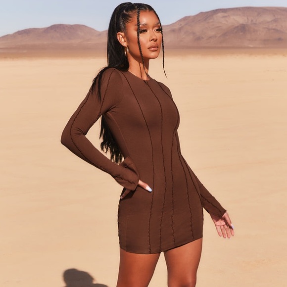 Oh Polly Exposed Seam Split Cuff Mini Dress In Brown - Picture 2 of 7